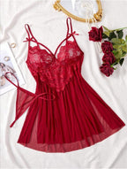 Bordo Dantel Detaylı Full Nikralı Tül Yumuşak Gecelik