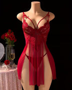 Bordo Dantel Detaylı Full Nikralı Tül Yumuşak Gecelik