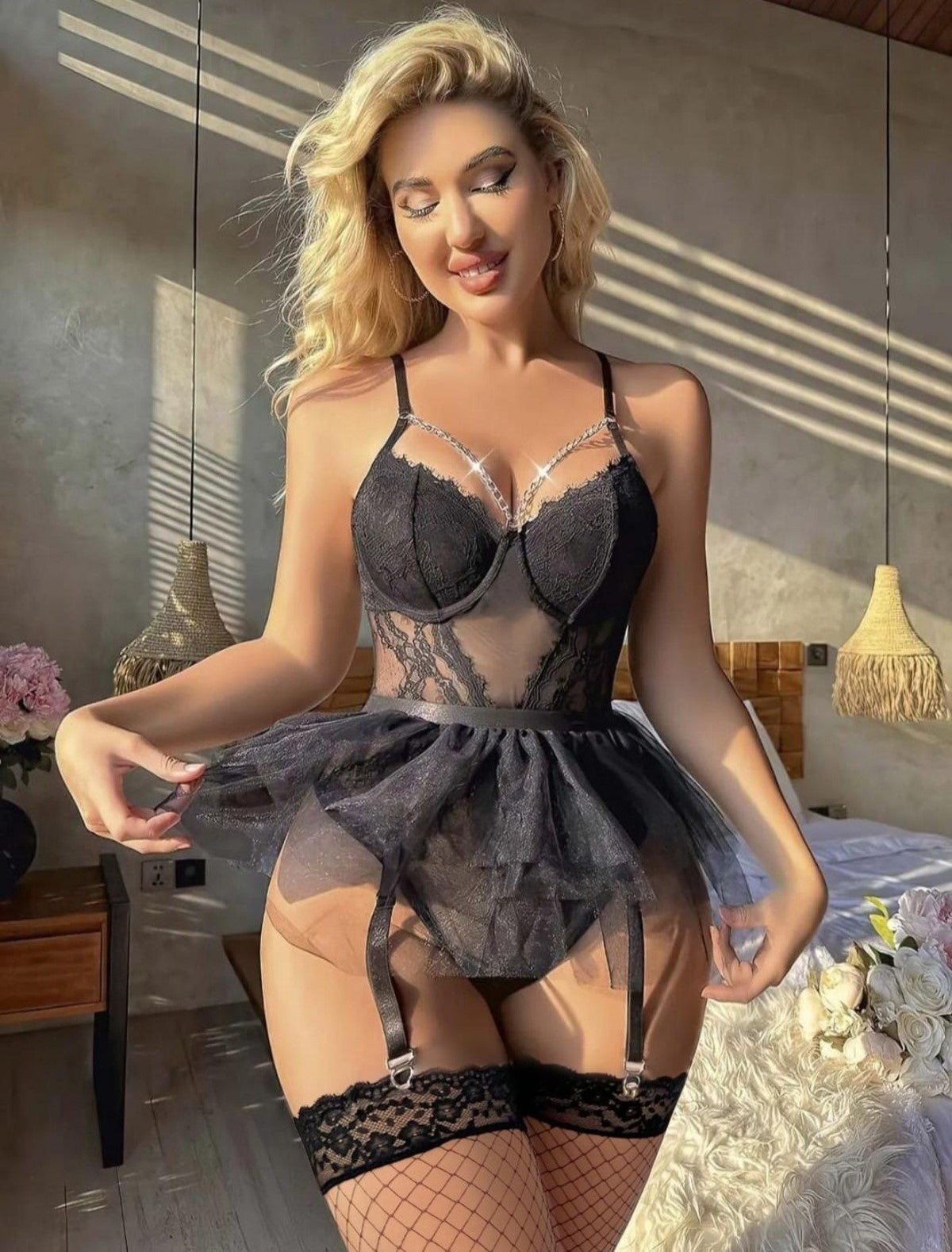 Siyah Jartiyer FİLE ÇORAP HEDİYELİ